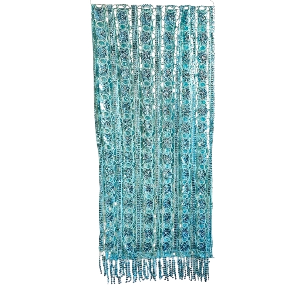 Turquoise Lace And Sequins Fringed Scarf